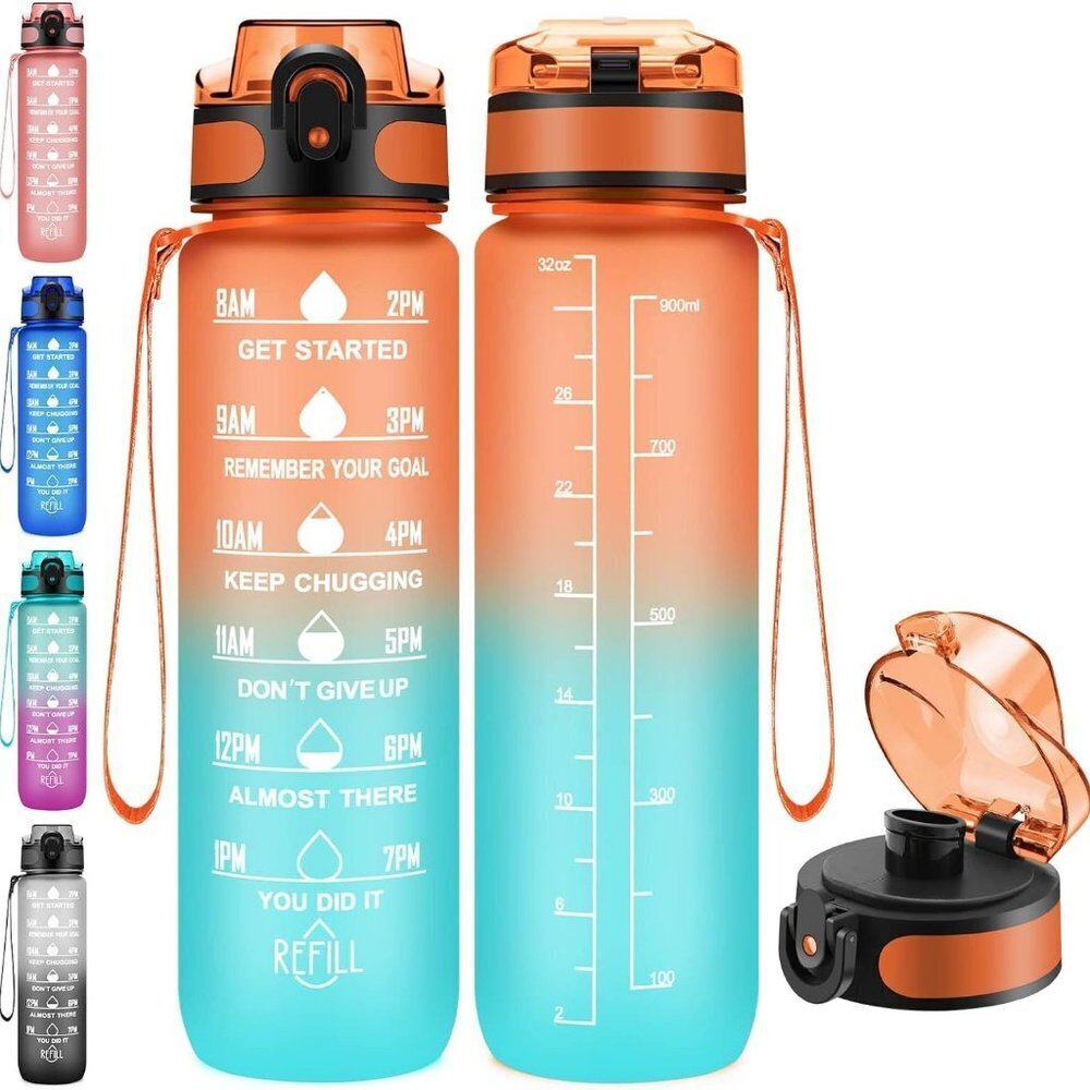 32oz Water Bottles No Straw With Motivational Time Maker, BPA-FREE